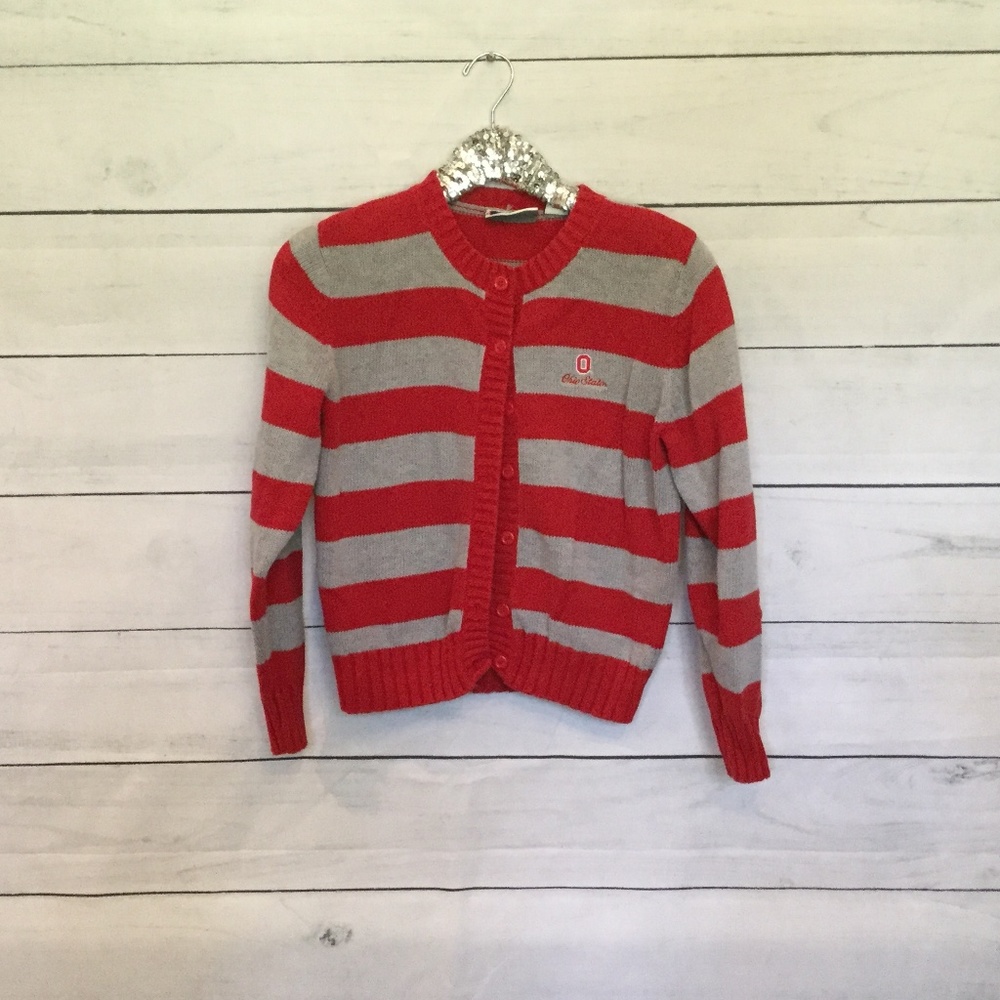 Ohio State red gray striped cardigan sweater M